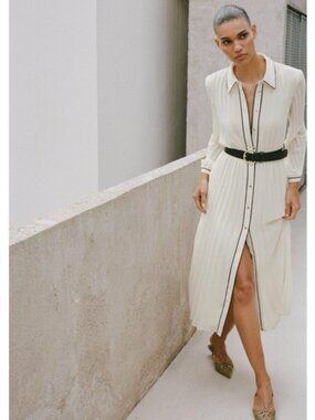 ZARA SS25 Pleated Dress With Black Belt Ecru Cream White Gold 4387/021 M NEW